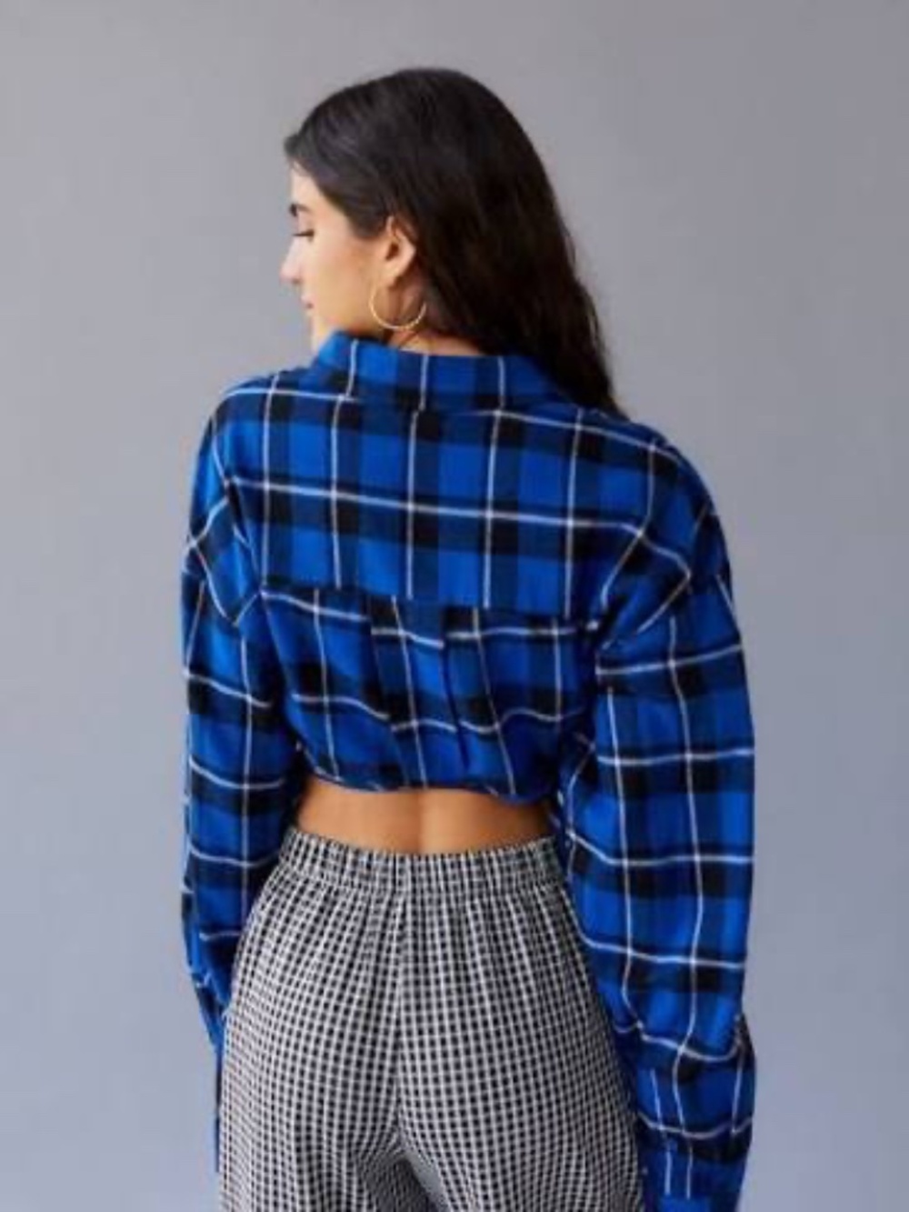 Lioness Hideaway Blue Plaid Cropped Wrap Tie Flannel Shirt - Picture 2 of 5